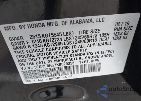 2019 Honda Pilot Ex-L z USA, uszkodzony, nr VIN 5FNYF5H57KB029353